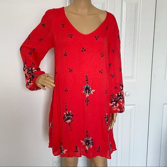 Free People Women’s Oxford Embroidered Mini Dress Red Combo Size Small - Picture 2 of 16